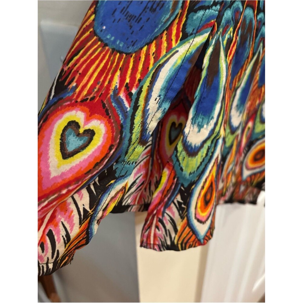 Boho Peacock Feather Tunic Small Top Colorful Statement Flowy Blouse - Picture 6 of 8